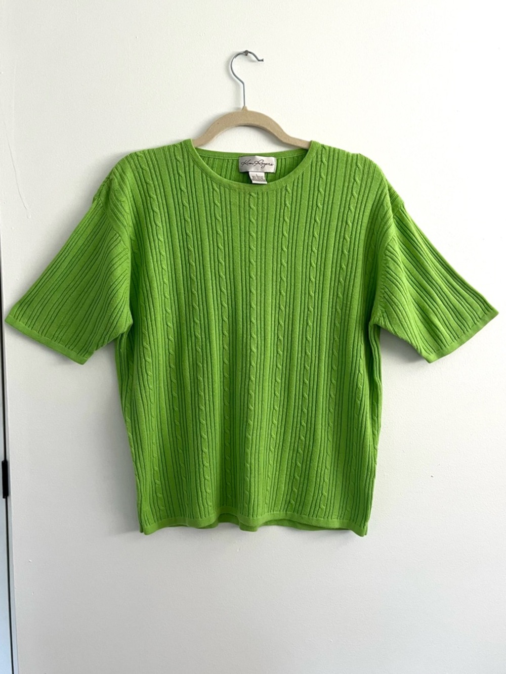 Kim Rogers Bright Green Soft Cable Knit Crewneck Short Sleeve Sweater Blouse